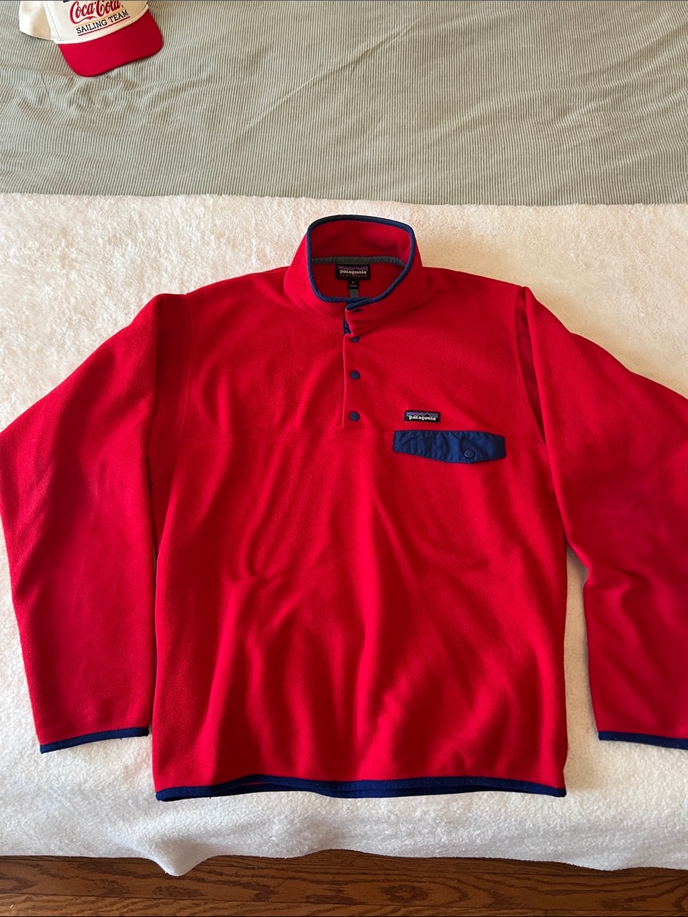 Patagonia Men’s Red Fleece Pullover with Navy Trim